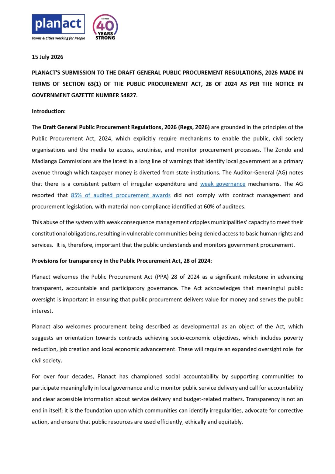 Planact’s Submission to the Draft General Public Procurement Regulations, 2026